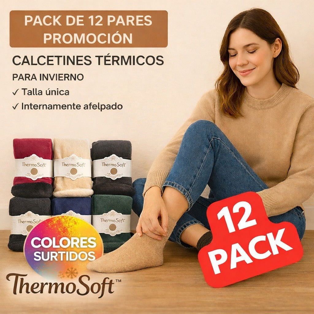 ThermoSoft™ Pack 12 Pares de Calcetines Térmicos Afelpados Ultra Suaves -Talla única (36 - 41)